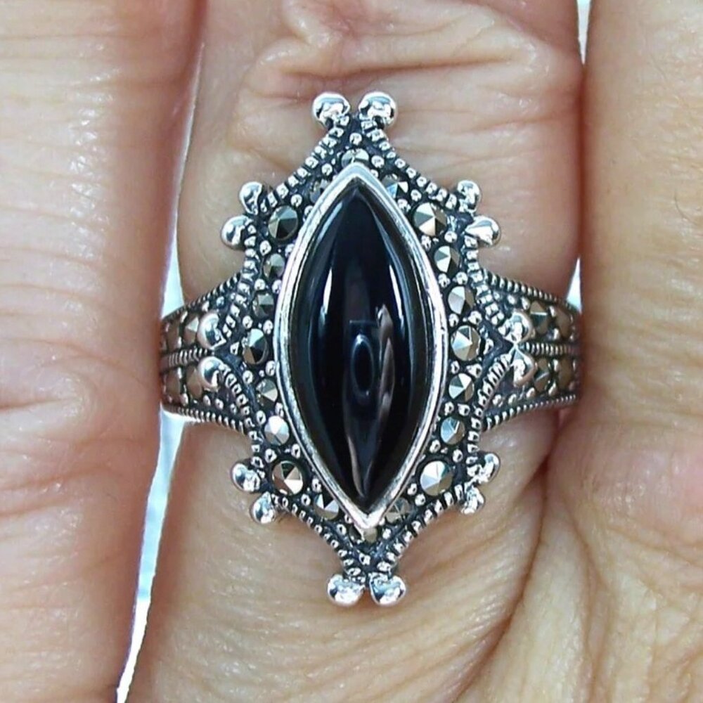 925 STERLING SILVER Marquise Black Onyx & Marcasite Ring - Picture 12 of 16